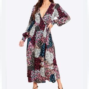 Mixed Print Wrap Midi Dress Size S